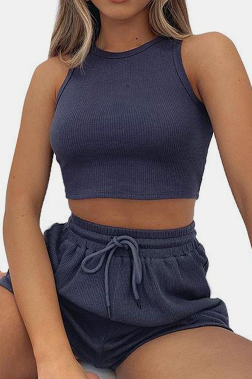 Round Neck Top and Drawstring Shorts Set