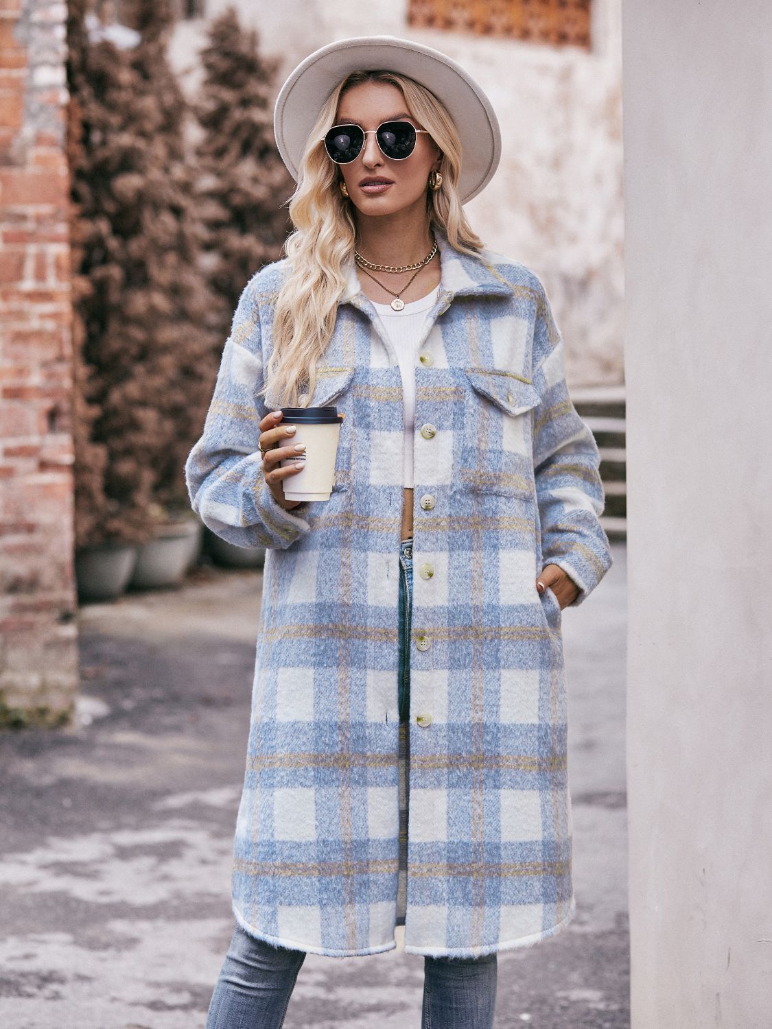 Mandy Plaid Dropped Shoulder Slit Coat