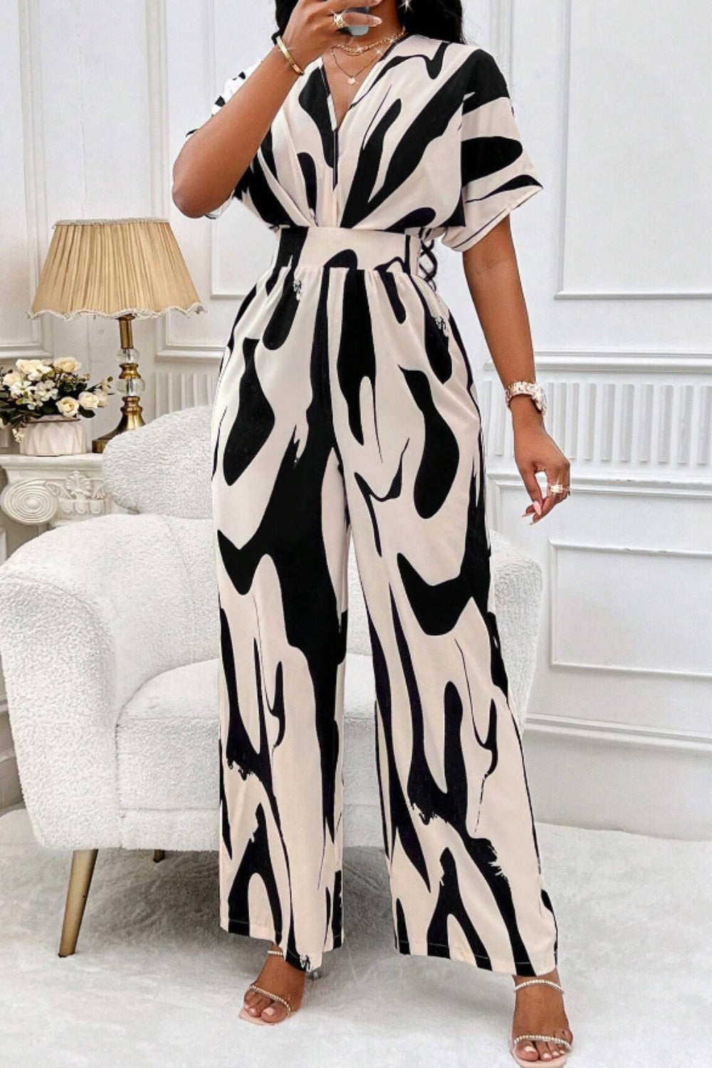 Printed V-Neck Short Sleeve Wide Leg Jumpsuit