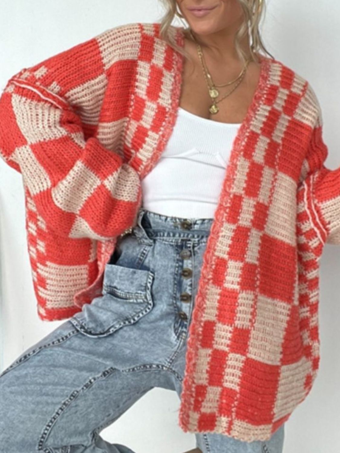 Plaid Open Front Long Sleeve Cardigan