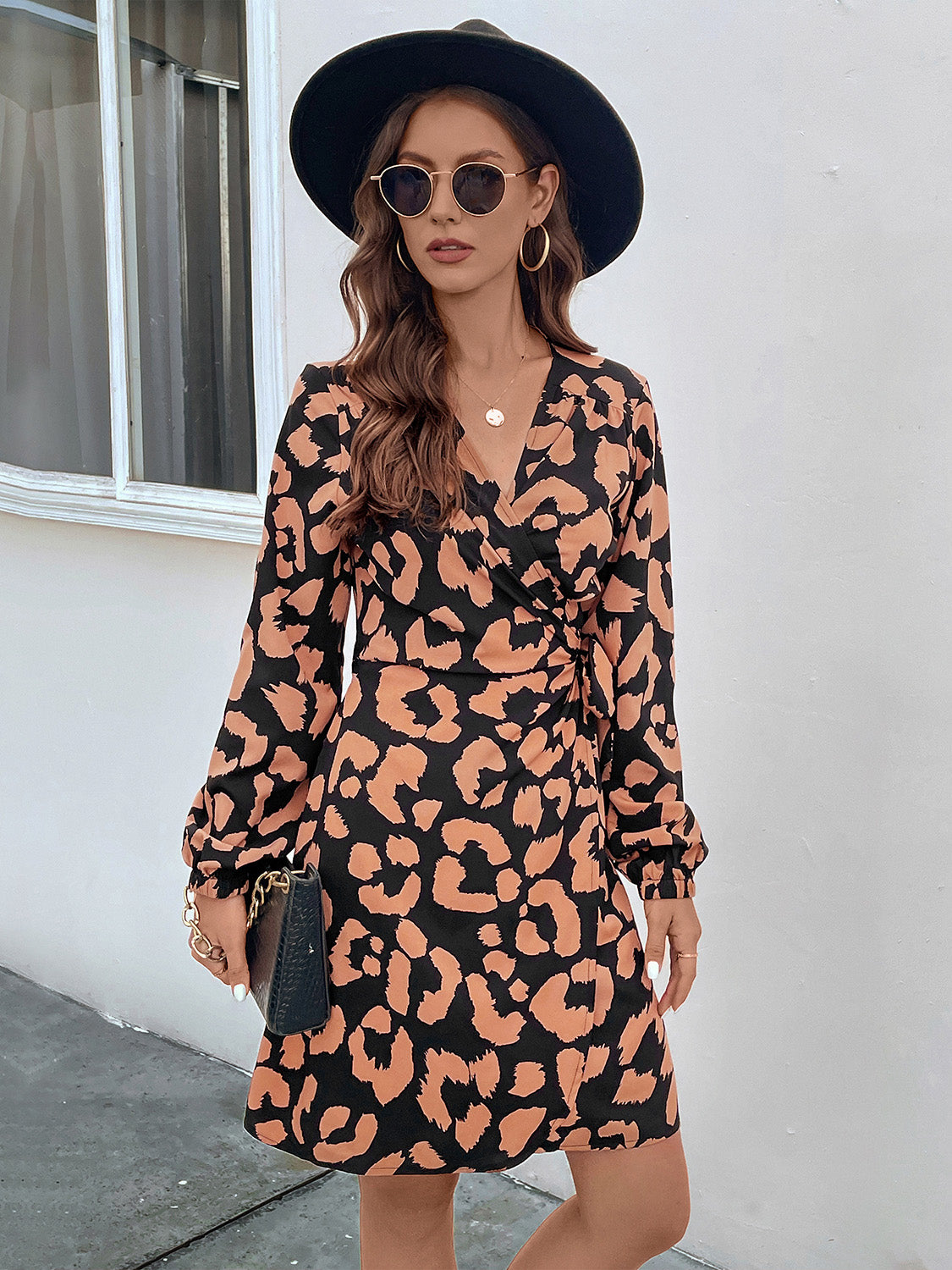 Perfee Printed Surplice Long Sleeve Dress